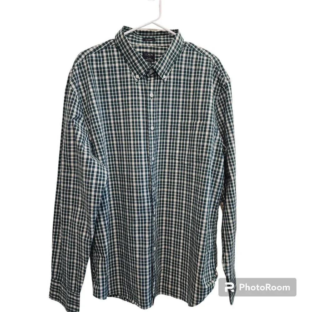 NWT J. J Crew Men's Green & White Check Gingham Long Sleeve Collared Shirt XXL